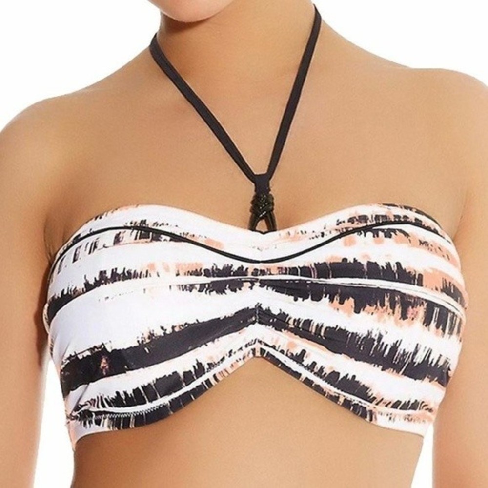 Striped Bandeau Bikini Top - Peach & Black